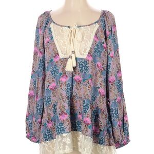 Matilda Jane Womens Large Top Boho Floral Lace Tassels Long Sleeve Tunic